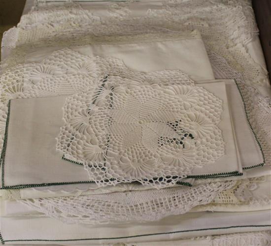 2 drawn thread worked table cloths, various mats etc.
